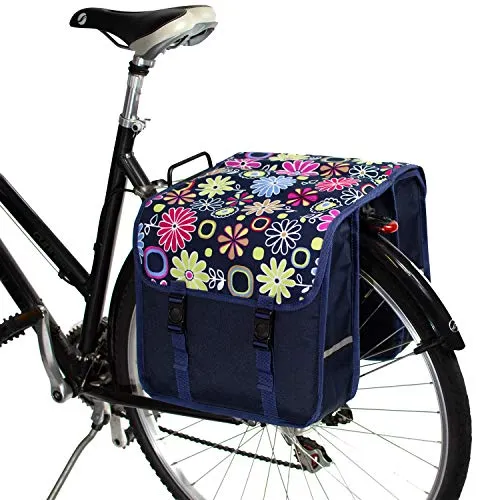 BikyBag Classic Doppel-Fahrradtasche, 2x13L Gepäckträgertasche, Wasserabweisend, mit Reflektoren (Rosa Gänseblümchen-Blumen)