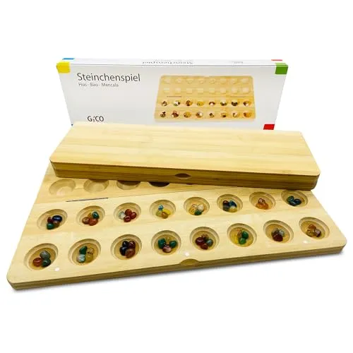 GICO Steinchenspiel Hus Bao Mancala groß aus Holz - Gesellschaftsspiel für Jung und Alt, hochwertige Klappkassette mit 64 Edelsteinen, ideal für gemeinsamen Spielspaß und strategisches Denken.