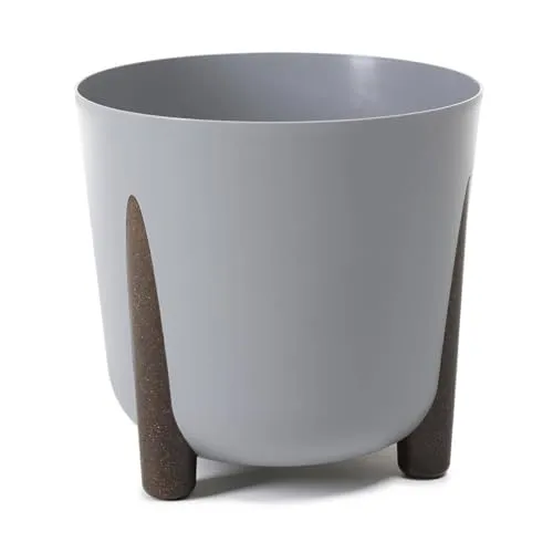 HowHomely Grau Blumentopf Kunststoff mit Braunen Füßen | Pflanzschalen Ø 25,5 x H 25,3 cm | Leichter und Stabiler Blumenübertopf für Indoor oder Balkon und Terrasse