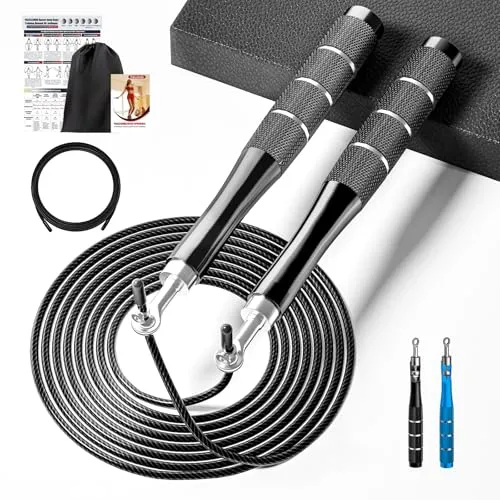 Springseil Speed Rope, 360° Springseil Erwachsene Fitness mit Trainingsposter für Männer & Frauen, Verstellbares 300CM Seilspringen mit Doppellagersystem & Aluminium-Griff für Boxen & MMA