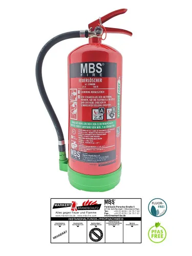 MBS-FIRE 6L AB fluorfreier Schaumfeuerlöscher 27A, 144B inkl. Halt. u. Plakette