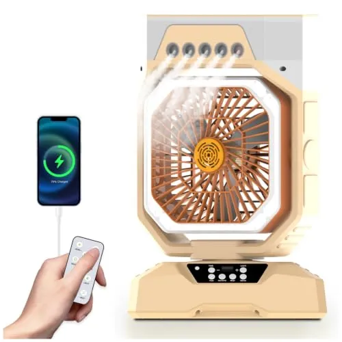Weljoy Wiederaufladbarer Nebelventilator mit LED-Lichtern – Tragbarer Lüfter mit 27000 mAh Akku, 90° Oszillation & mobiles Aufladen für Outdoor-Camping (Biege)