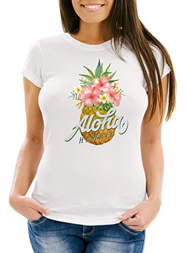 Neverless Damen T-Shirt Ananas Aloha Hawaii Blumen Tropical Jungle Paradise Slim Fit tailliert Baumwolle Weiss XL