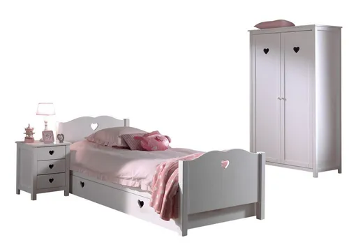 aufm Kessel Jugendzimmer-Set Kamila 3-teilig für Mädchen - Hochwertiges Kinderzimmer-Set aus MDF in Weiß, inklusive Bett, Nachtkonsole und Kleiderschrank. Verspielt mit herzförmigen Ausschnitten, ideal für eine gemütliche Atmosphäre. Einfache Selbstmontage mit Anleitung.
