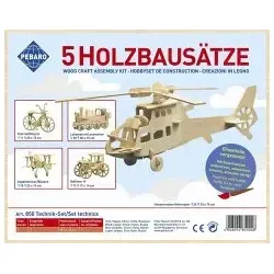 PEBARO 850 - 5x Technik-Set Holzbausätze - Spielware mit 5 kreativen Holzkonstruktionen: Lokomotive, Fahrrad, Hubschrauber, Oldtimer und Doppeldecker, ideal für kleine Ingenieure und Bastel-Fans.