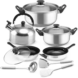 Retoo Topf und Pfannenset Induktion 11-teilig - Kochtöpfe, 11-teiliges Set aus hochwertigem Edelstahl mit Glasdeckeln, ideal für stressfreies Kochen und gleichmäßige Hitzeverteilung auf allen Herdtypen.