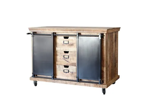Baario Küchenwagen SELCE – Massiv Mangoholz Küchenarbeitstisch - Kommode aus massivem Mangoholz, 6 Schubladen und bereits fertig montiert. Ideal als stilvolle Kücheninsel im Industrial-Look.