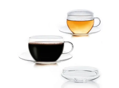 Creano Teeglas Glastasse 2er-Set mit Untertasse & Deckel 200ml, Glas, 2 bedruckte Gläser