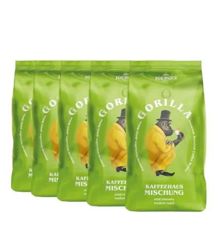 Joerges Gorilla Kaffeehaus-Mischung, 5er Vorteilspack (5x 1000g), ganze Kaffeebohnen, Röstkaffee, Caffè