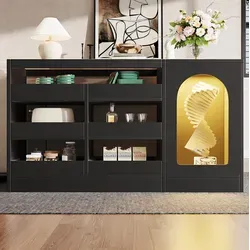 Anrichte Mdf Schwarz 120 X 40 X 75 Cm Mit 6 Schubladen, Glasoberseite, Offener Präsentationsfläche Und Led-licht