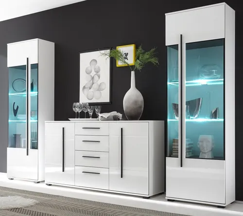 Furn.Design Wohnwand in Weiß Hochglanz - Moderne Wohnwand mit 10 Fächern und 4 Schubladen, beeindruckt durch elegante Hochglanzfronten und viel Stauraum. Ideal für stilvolle Wohnzimmergestaltung.