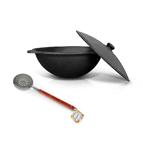 Gusseisen Kazan 6L - Traditioneller Uzbekischer WOK mit Schaumlöffel - Wok aus dickwandigem Gusseisen, ideal für Plov und andere asiatische Gerichte, inklusive 40 cm Schaumlöffel für perfektes Kochen auf Gas- oder Elektroherden.