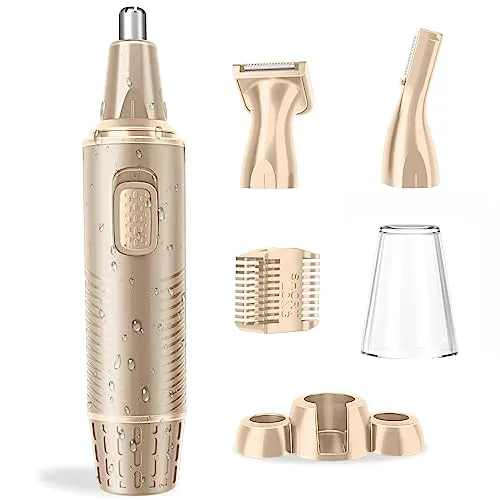 Nasenhaartrimmer, USB Wiederaufladbar Nasenhaarschneider 3 in 1 Set Ohrhaarschneider mit Doppelschneideklingen, Professioneller schmerzfreier Augenbrauen und esichtshaartrimmer, Champagner