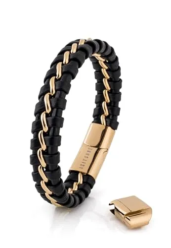 Akitsune Adeptus Lederarmband | Armschmuck Damen Herren Lederarmband mit Edelstahl-Streifen in der Mitte Mattschwarz - Gold 23,00 cm