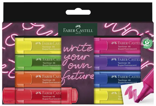 FABER-CASTELL 254601 - Textmarker Set 46, 8er Etui in Neon Farben, langlebige Keilspitze für präzises Markieren und nachfüllbar