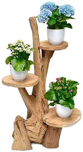 Stephans Möbelbörse Teak Blumenständer mit 3 Ablagen Blumenpodest Pflanzentreppe Blumenregal Ständer Blumenhocker Massiv Holz Podest Regal 80cm