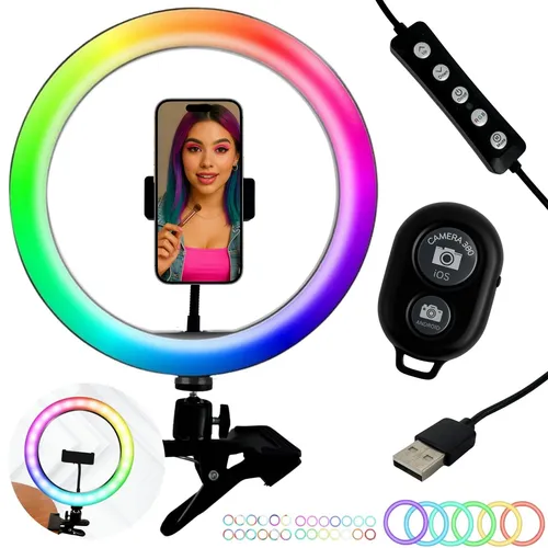 RGB Ringlicht mit Stativ und Bluetooth-Auslöser - Tragbares Ringlicht für perfekte Selfies und Videos. Mit 15 Farbmodi und kompakter Klemme ideal für Influencer und kreative Aufnahmen.
