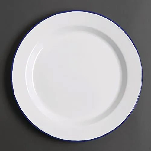 Olympia Emaille bord 30cm (Box 6) - Speiseteller aus emailliertem Stahl, hitze- und chemikalienbeständig, ideal für Ofen und Spülmaschine, in elegantem Weiß-Blau für stilvolles Servieren.
