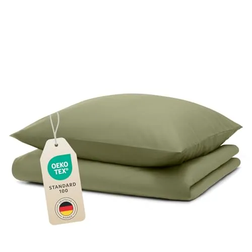 Blumtal Bettwäsche 135x200cm + 80x80cm Kopfkissenbezug - Oeko-TEX zert. Mikrofaser Bettwäsche Set - Mikrofaser Bettbezug bis 95 °C - Deckenbezug + Kissenbezug 2-teilig - Duvet Cover Light Olive Grün