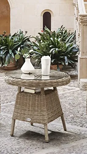 Destiny Gartentisch MALAGA – Rund, 60 cm Durchmesser aus Aluminium und Polyrattan - Gartentisch MALAGA, ideal für Balkon oder Terrasse, mit UV-beständigem Material und pflegeleichter, runder Tischplatte aus Echtglas.