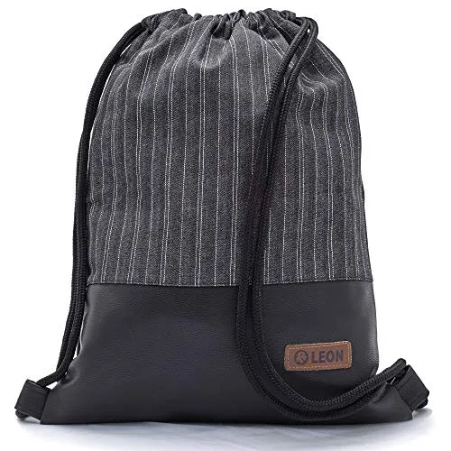 By Bers Turnbeutel Leon – Premium Beutelrucksack aus Baumwolle - Beutelrucksack für Freizeit, Sport und Alltag. Handgefertigt aus reiner Baumwolle mit schwarzem Kunstleder-Unterteil und stabilen Nylonseilen, ideal für Festivals und Einkäufe.