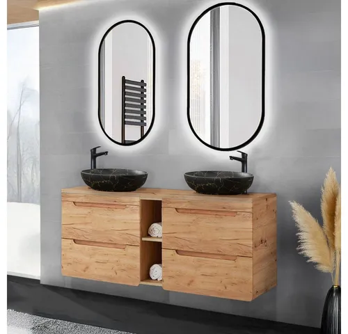 Lomadox Badmöbel-Set LUTON-56-CRAFT, (Spar-Set, 3-St., Spiegel Beleuchtung Doppelwaschtisch Aufsatzwaschbecken), Eiche Holzdekor Keramik Waschbecken LED Beleuchtung modern