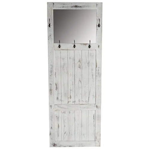 Wandgarderobe mit Spiegel im Shabby-Look - Garderobe mit 5 Haken und Spiegel, aus massivem Paulowniaholz, ideal zur praktischen und dekorativen Aufwertung Ihres Flurs oder Schlafzimmers.