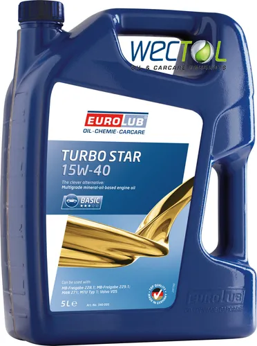 EUROLUB TURBO STAR SAE 15W-40 Motoröl 5L - Hochwertiges Mineralöl für Kraftfahrzeuge, mit speziellen Freigaben von Volvo, MAN und MB, sorgt für optimale Motorenpflege und schützt vor Verschleiß.