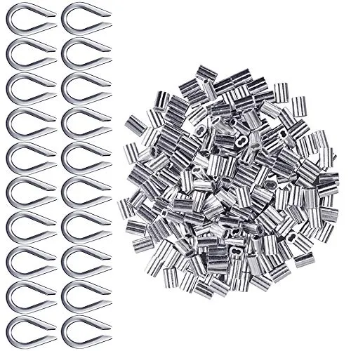 Aluminiumhülsen Clips 200 Stücke für Drahtseil 2mm Durchmesser Kabelkausche Rigging Aluminium Doppelhülsen Kabelklemmen + 20 Stück M2 304 Edelstahl Fingerhut (Silberton)
