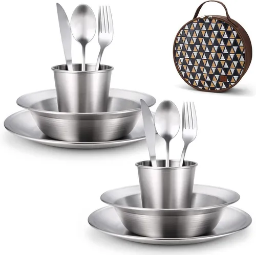 Odoland Campingbesteck Set 13-teilig - Outdoor Tafelservice aus hochwertigem Edelstahl, perfekt für Camping und Reisen. Spülmaschinenfest, langlebig und sicher - ideal für 2 Personen.