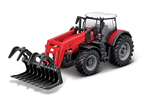 Bburago Die-Cast Massey FERGUSSON 8740S Traktor mit funktionierendem Frontlader und Greifer – Nachbildung zum Sammeln, Modell 1:50, Rot
