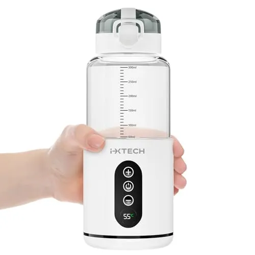 IXTECH Flaschenwärmer Baby Unterwegs Akku Tragbarer Babykostwärmer mit Temperatur Mobiler Milchzubereiter Leicht Baby Wasserkocher Thermoskanne Baby Unterwegs Flaschenzubereiter Baby Breiwärmer 300ml