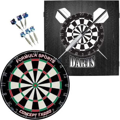 Dartboard-Set mit Darts und Kabine - Dartscheiben Set mit schwarzem MDF-Schrank und beliebter Concept TX290 Dartscheibe, ideal für spannende Dartabende mit Freunden.