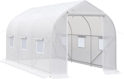 Outsunny Gartengewächshaus, 4 x 2 x 2 m, Tunneltyp, mit 6 atmungsaktiven Fenstern und Rolltür mit Reißverschluss, Garten für den Anbau von Pflanzen, Gemüse, Weiß