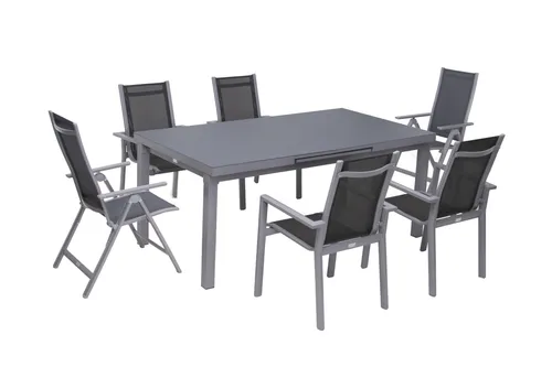 OUTFLEXX Premium Garten-Essgruppe, silber/grau, Alu/Textilene, Ausziehtisch 180/240 x 100 cm, 4 Stapel-, 2 Klappstühle
