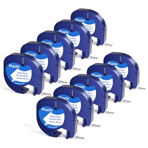 Kompatibel mit Dymo LetraTag XR Schriftband 91221 White Plastic 12mm x 4m Bänder für Dymo Letratag LT-100H LT-100T XR 200B, Kompatibel mit DYMO Etikettenband Schwarz auf Weiß S0721660 10 x