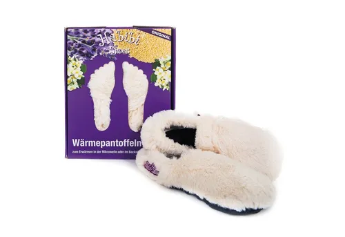 Habibi Plush Wärmeschuhe Slippers creme M (37-40) - Hüttenschuhe für Mikrowelle und Backofen, ideal für kalte Füße. Mit Hirse-Aromafüllung für entspannende Wärme und angenehmen Duft.