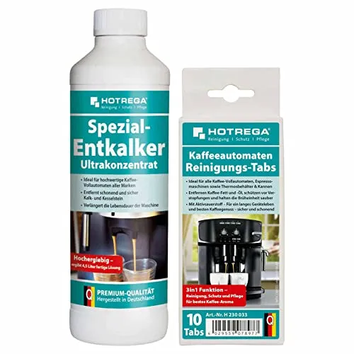 HOTREGA Kaffeemaschinen Reiniger & Entkalker – 10 Tabs + 500ml Konzentrat - Entkalkung & Reinigung für Kaffee- & Espressomaschinen, entfernt Kalk und Kaffeefette, verlängert die Lebensdauer Ihrer Maschine mit 10 Reinigungstabs und 500ml Spezial-Entkalker.