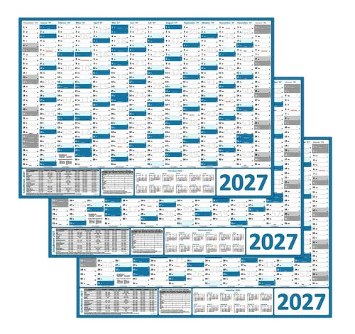 3x Blau Wandkalender DIN A1 2027 gerollt Wandplaner inkl. Ferien & Feiertage