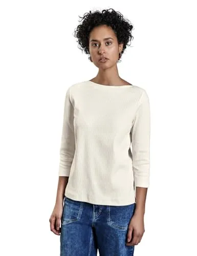 Shirt mit Rippstruktur - T-Shirts für Damen, elegantes Dameshirt mit U-Boot-Ausschnitt und 3/4-Ärmeln aus softem Baumwollmix für optimalen Tragekomfort.