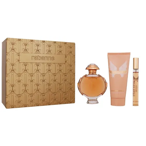 Paco Rabanne Olympea Eau De Parfum Spray 80ml Set - Eau de Parfum Set mit 80ml Spray, 100ml Bodylotion und 10ml Mini, vereint salzige Vanille und Blumennoten für einen modernen, verführerischen Duft.