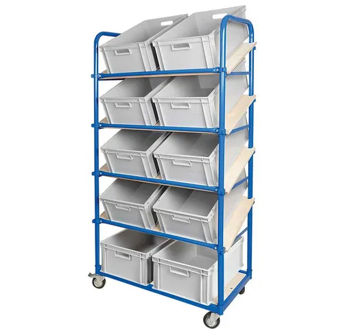 BRB-Lagertechnik Regaltransportwagen mit 10 Euroboxen - Transportwagen für effiziente Lagerung mit 5 Ebenen, 4 Lenkrollen und 10 robusten Euroboxen. Ideal für die sichere und übersichtliche Bereitstellung von Kleinteilen im Lager.