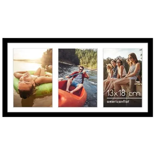 Americanflat Bilderrahmen Collage 13x18 cm Schwarz - Bilderrahmen 20x41 cm mit Passepartout für drei 13x18 cm Fotos - Fotorahmen für Mehrere Bilder der Familie - Verbundholz mit Bruchsicherem Glas