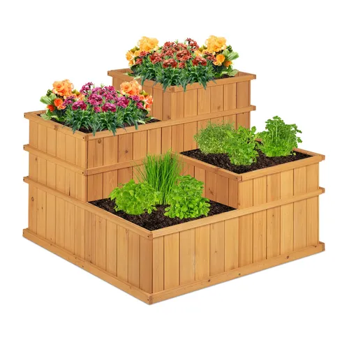 Relaxdays Hochbeet gestuft mit 4 Pflanzkästen - Hochbeet aus solidem Tannenholz für Garten, Balkon und Terrasse. Ideal für Kräuter und Blumen, schützt vor Unkräutern und Schädlingen.