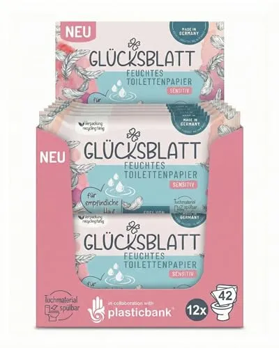 Produktbild Glücksblatt feuchtes Toilettenpapier Sensitiv, 12 Packungen mit je 42 Tüchern, ohne Duft- und Farbstoffe, parfümfrei, dermatologisch getestet, für empfindliche Haut, sanfte Pflege