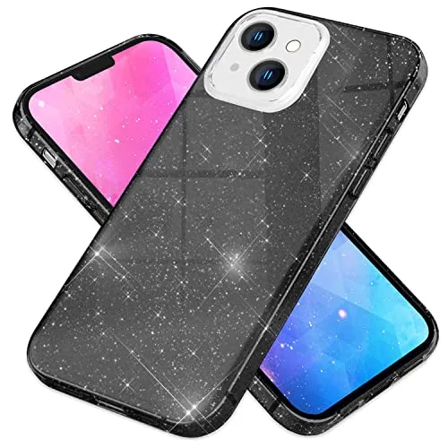 NALIA Glitzerhülle für iPhone 14 - Funkelnder Glitzer-Look & Grip - SHINEPOP (Silikon Case) - Marke aus Berlin, Farbe:Schwarz