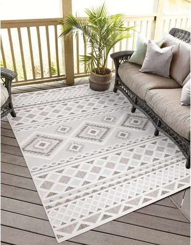 carpet city In-& Outdoor Teppich 240x340 cm - Wetterfest für Balkon, Terrasse & mehr - Teppichbeläge für Innen- & Außenbereiche, mit 3D-Effekt im Ethno-Look. Wetterfest und pflegeleicht, ideal für Terrasse, Flur, Küche oder Wohnzimmer.