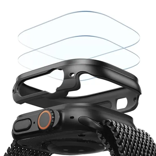ESR Hülle für Apple Watch Ultra 3/2/1 mit Displayschutz 49 mm (2025/2024/2023/2022), Militärischer Schutz, Aluminiumlegierungs-Hülle mit 2er-Set Armorite Glas, Original-Look bewahren, Schwarz