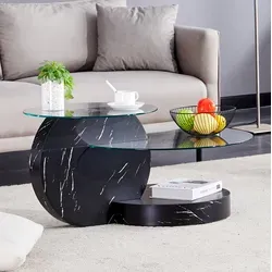 Couchtisch Aus Gehärtetem Glas In Schwarz/transparent, Rundes Mehr-ebenen-design 69,8 Cm