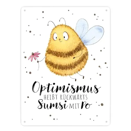 Pummel Biene Metallschild XXL in 28x38 cm mit Spruch Optimismus heißt rückwärts Sumsi mit Po ein süßes Schild für Bienenhalter Hummel Honig Frühling Blechschild Blumenwiese